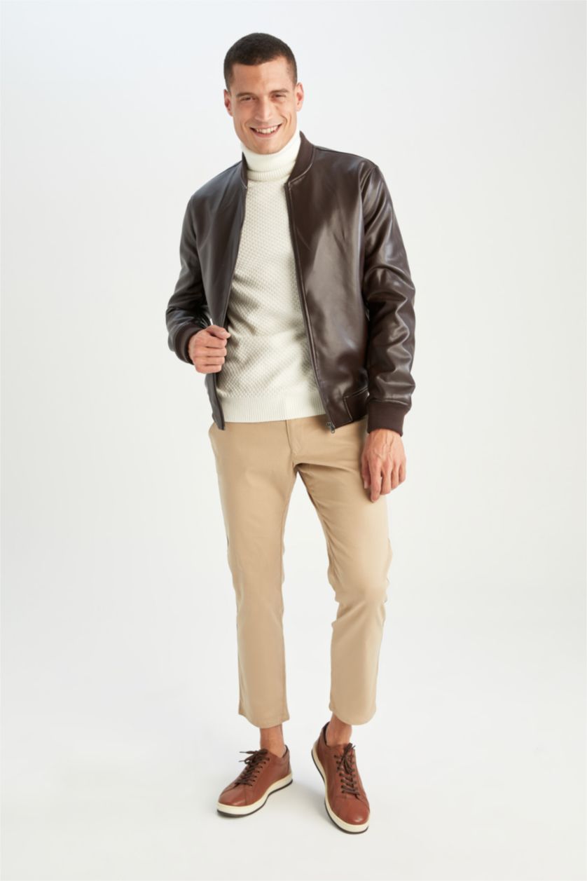 MAN Brown Slim Fit College Collar Faux Leather Bomber Jacket