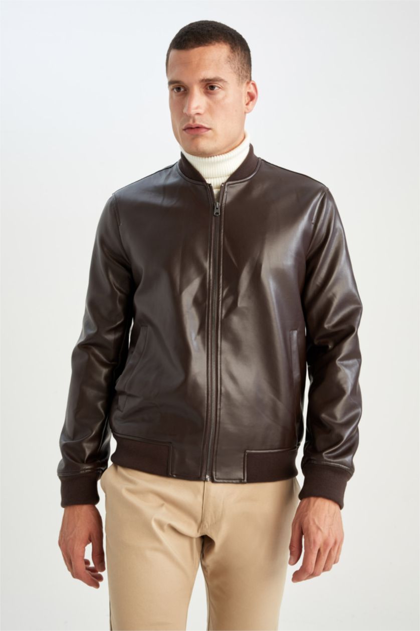 MAN Brown Slim Fit College Collar Faux Leather Bomber Jacket