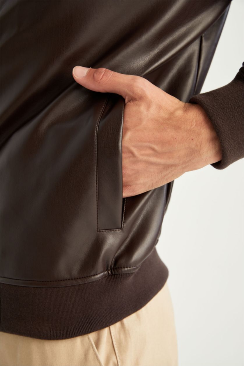 MAN Brown Slim Fit College Collar Faux Leather Bomber Jacket