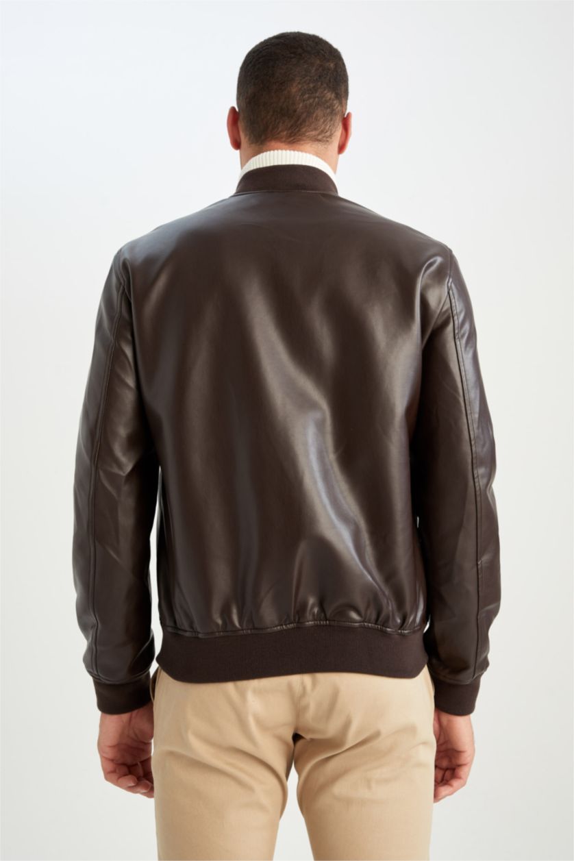 MAN Brown Slim Fit College Collar Faux Leather Bomber Jacket