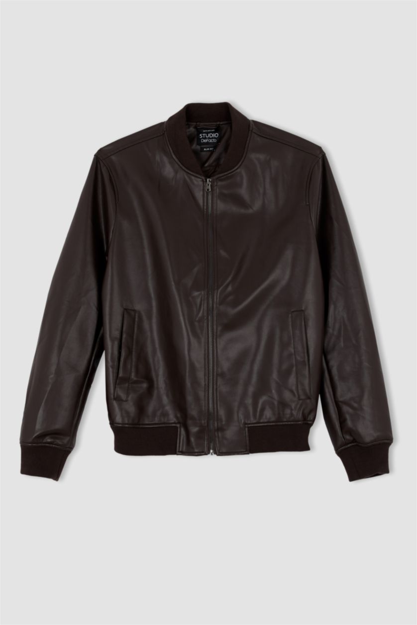 MAN Brown Slim Fit College Collar Faux Leather Bomber Jacket