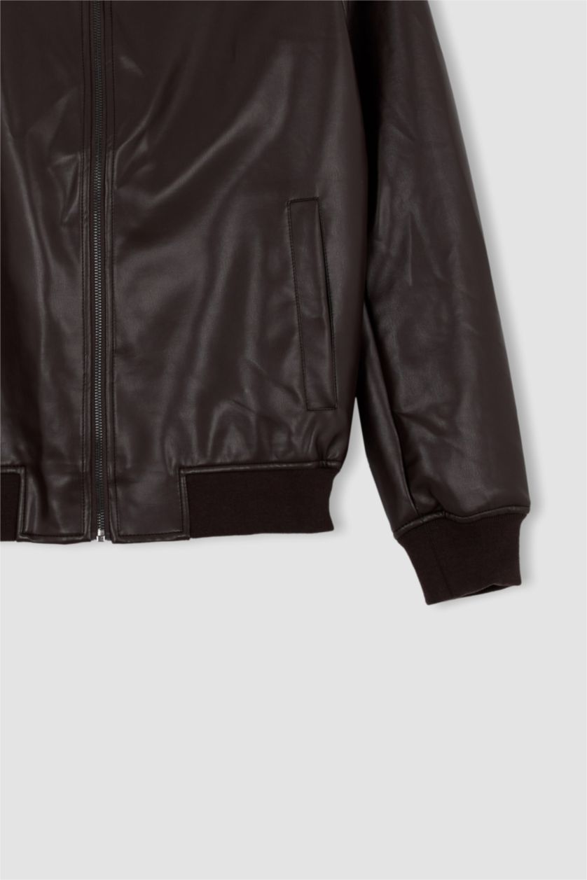 MAN Brown Slim Fit College Collar Faux Leather Bomber Jacket