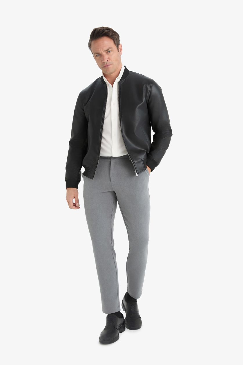 Erkek Siyah Su İtici Slim Fit Dar Kesim Kolej Yaka Astarlı Fermuarlı Rüzgar Geçirmez Suni Deri Mevsimlik Mont