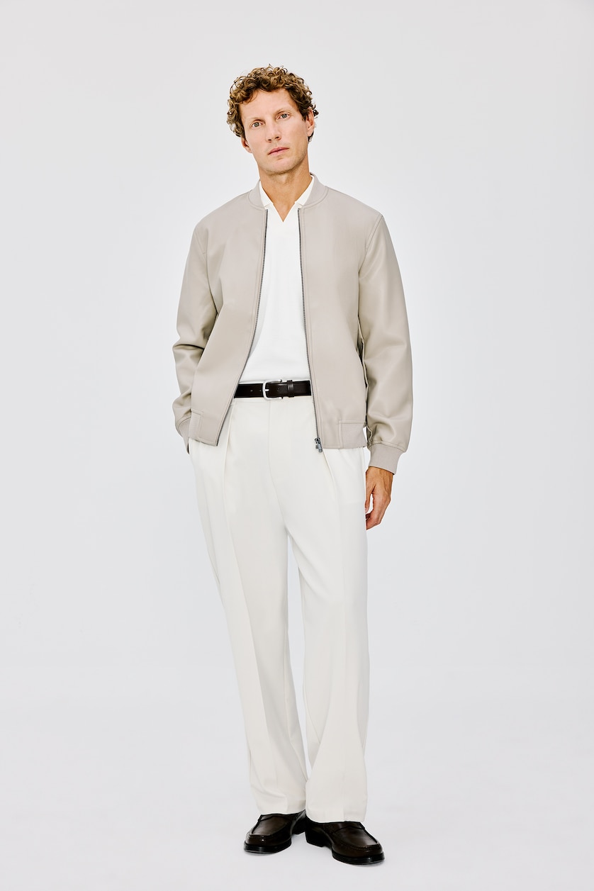 Erkek Gri Slim Fit Kolej Yaka Suni Deri Bomber Mont