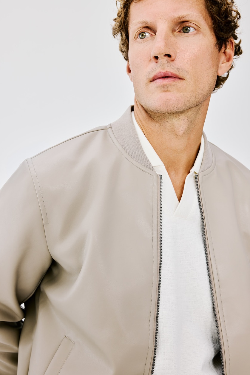 Erkek Gri Slim Fit Kolej Yaka Suni Deri Bomber Mont