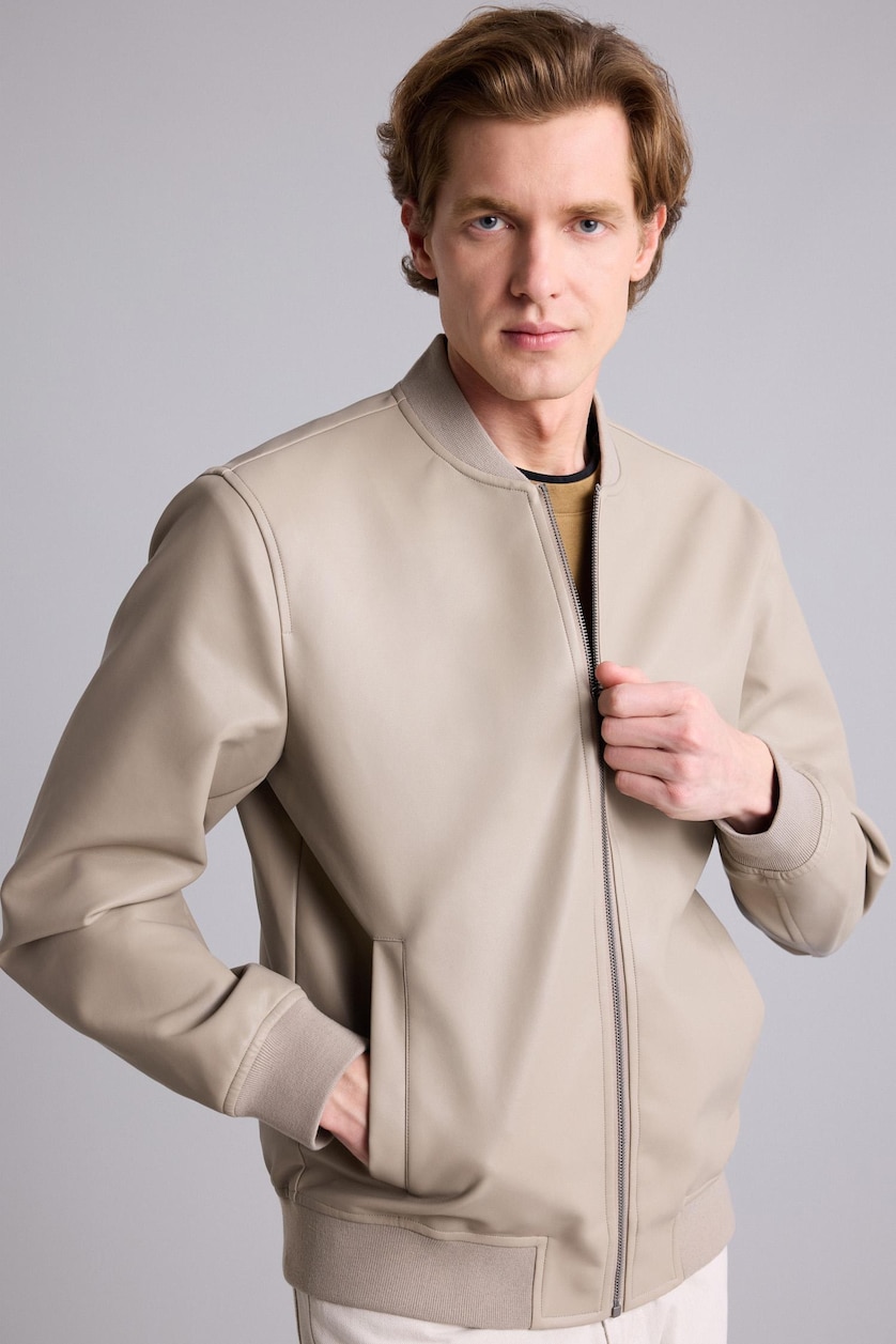 Erkek Gri Slim Fit Kolej Yaka Suni Deri Bomber Mont