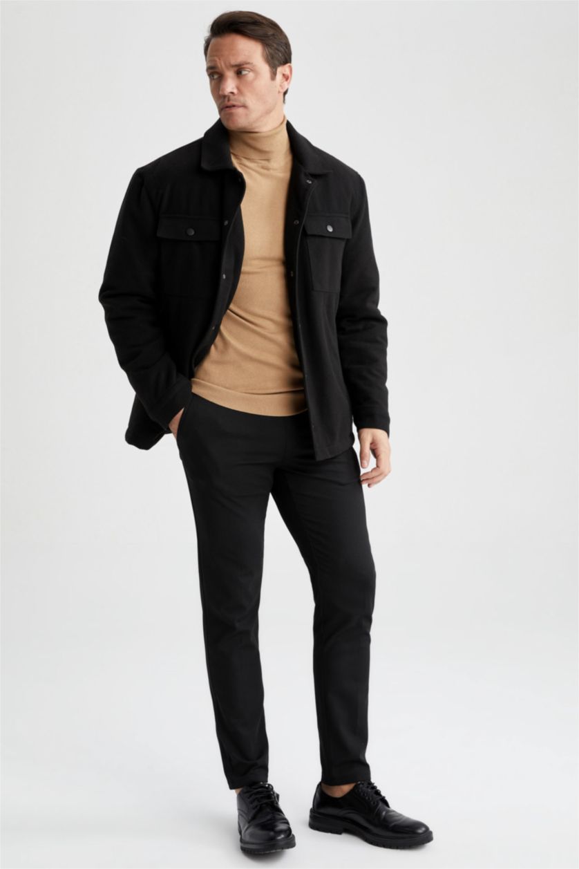 Erkek Siyah Slım Fıt Polo Yaka Astarlı Mont