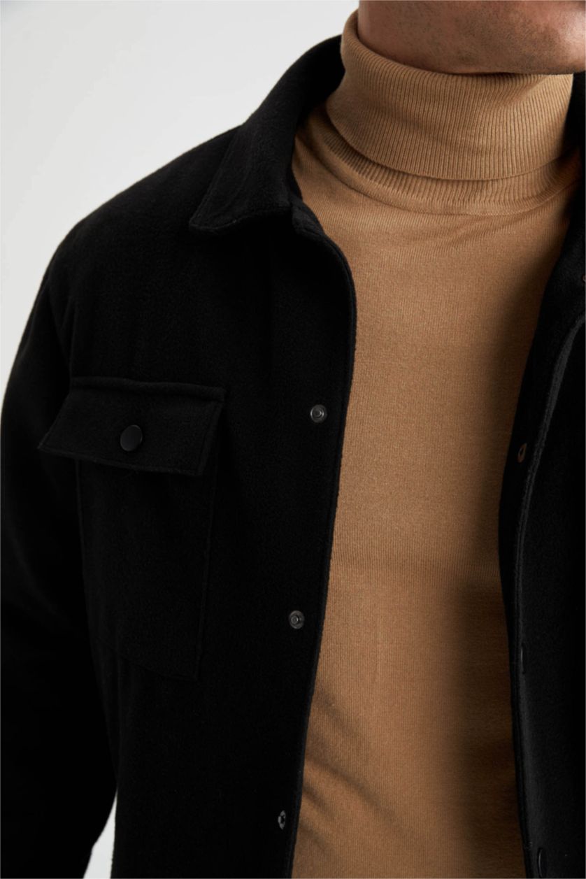 Erkek Siyah Slım Fıt Polo Yaka Astarlı Mont