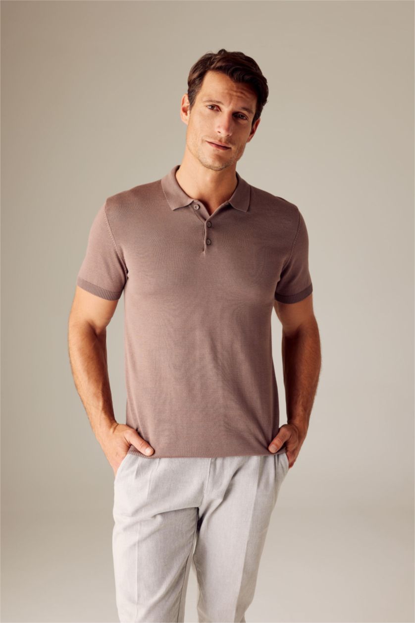 رجالي بني فاتح تيشيرت بولو سليم فيت تريكو