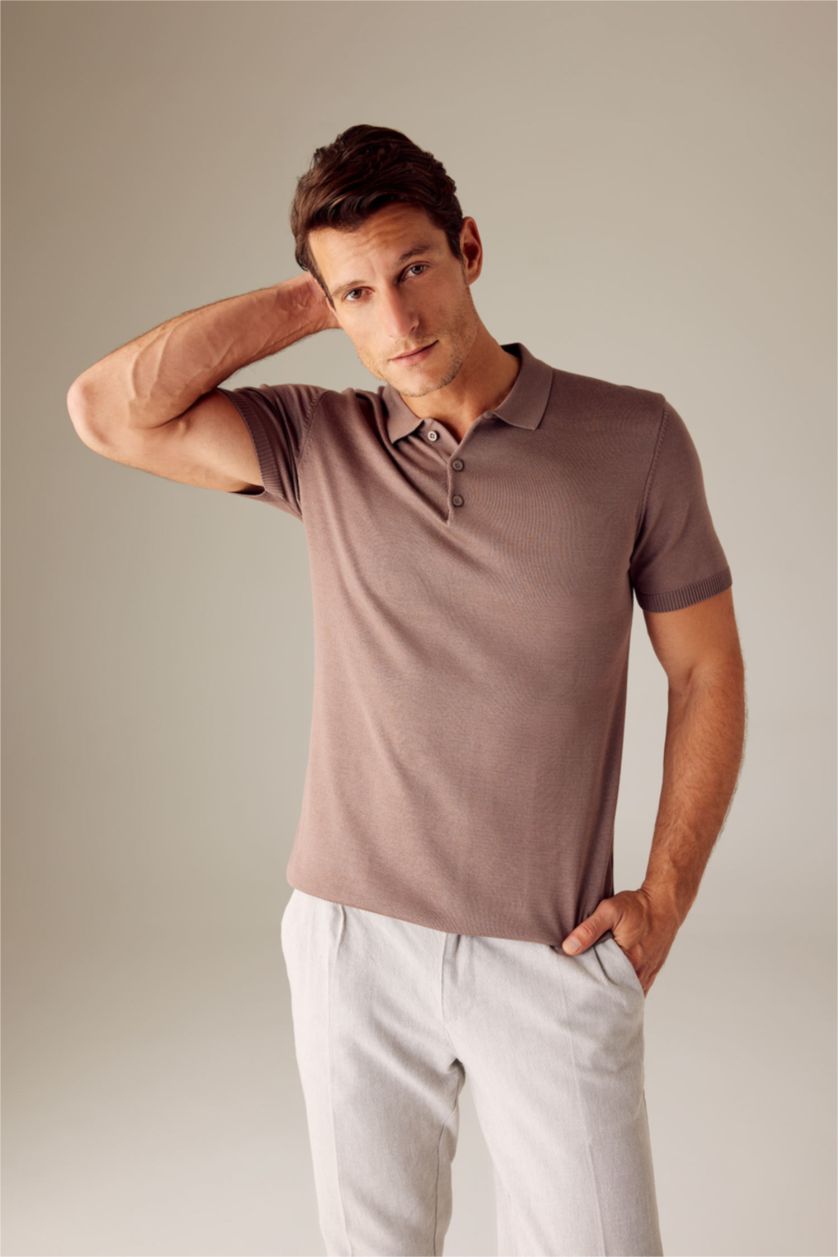 رجالي بني فاتح تيشيرت بولو سليم فيت تريكو