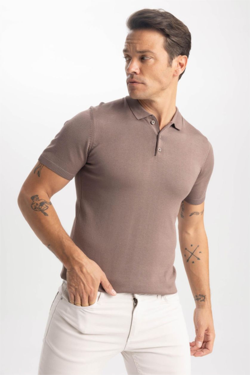رجالي بني فاتح تيشيرت بولو سليم فيت تريكو