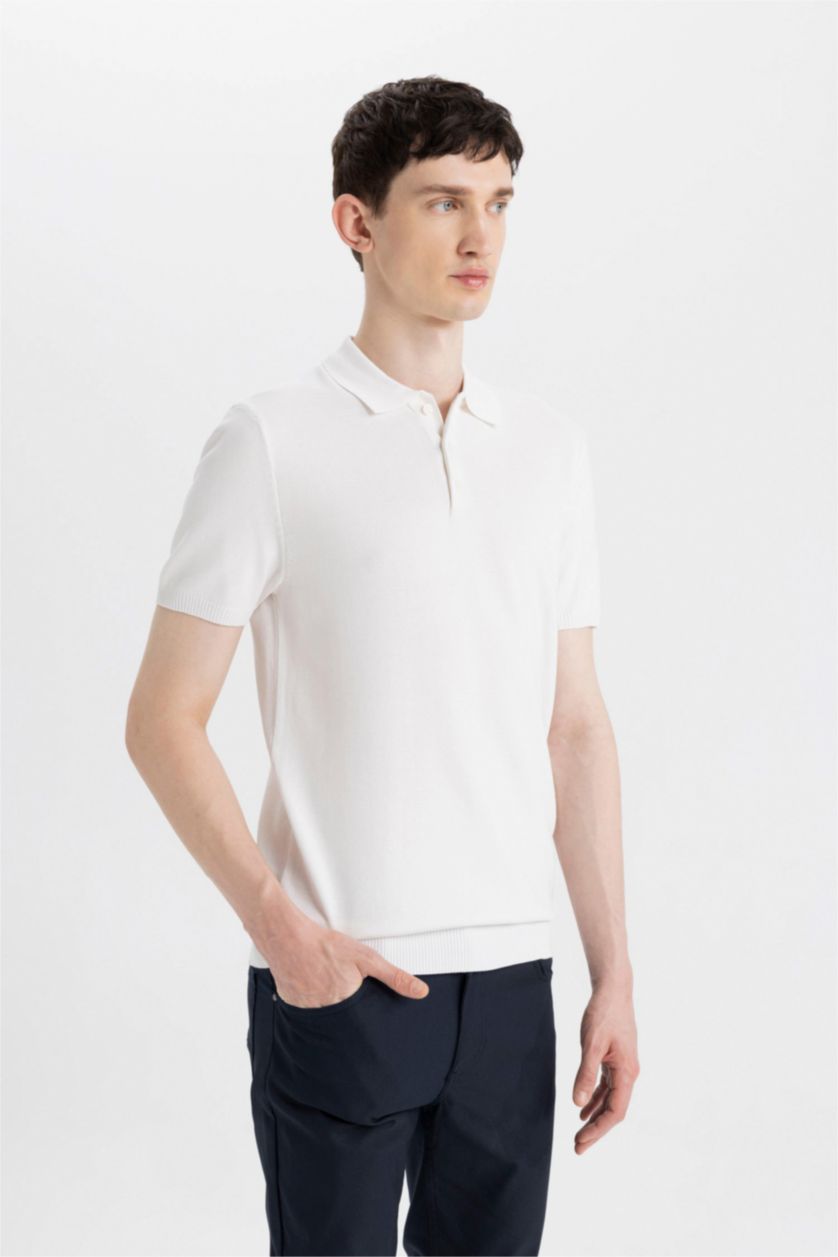 Erkek Kırık Beyaz Slim Fit Dar Kesim Polo Yaka Kısa Kollu Basic Düz Triko Tişört