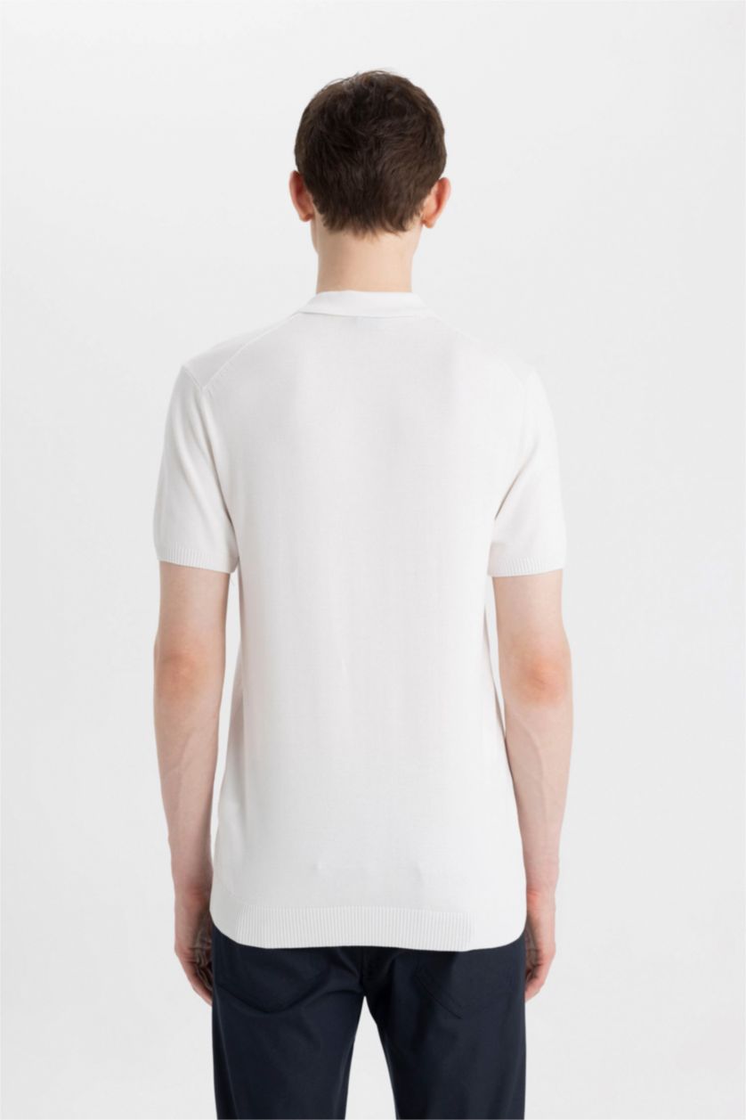 Erkek Kırık Beyaz Slim Fit Dar Kesim Polo Yaka Kısa Kollu Basic Düz Triko Tişört