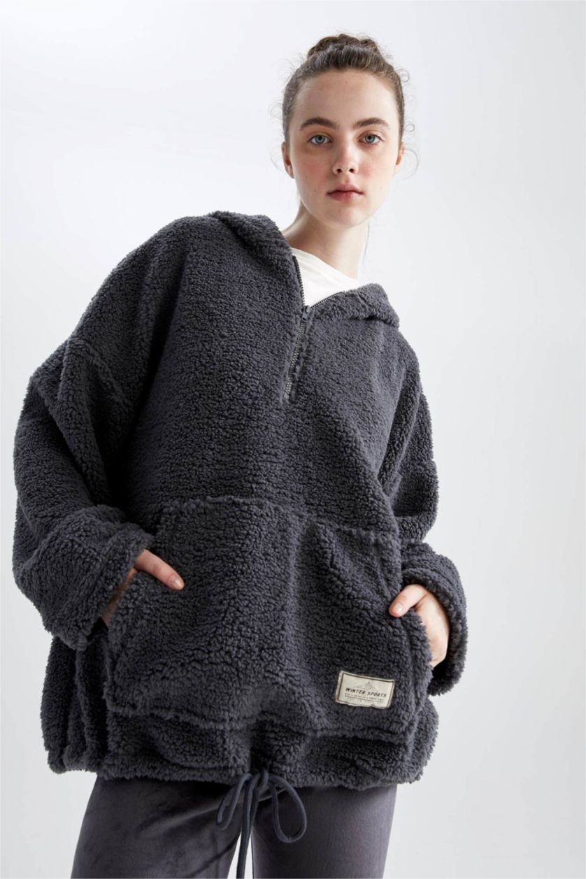Kadın Antrasit Oversıze Pelüş Sweatshirt