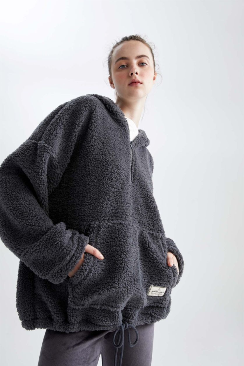 Kadın Antrasit Oversıze Pelüş Sweatshirt