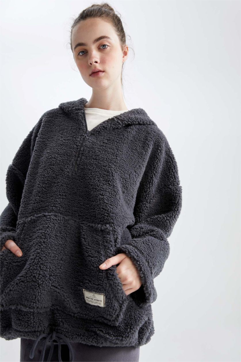 Kadın Antrasit Oversıze Pelüş Sweatshirt