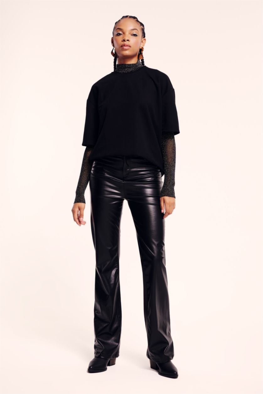 حريمي أسود بنطلون جلد صناعي برجل واسع بجيب