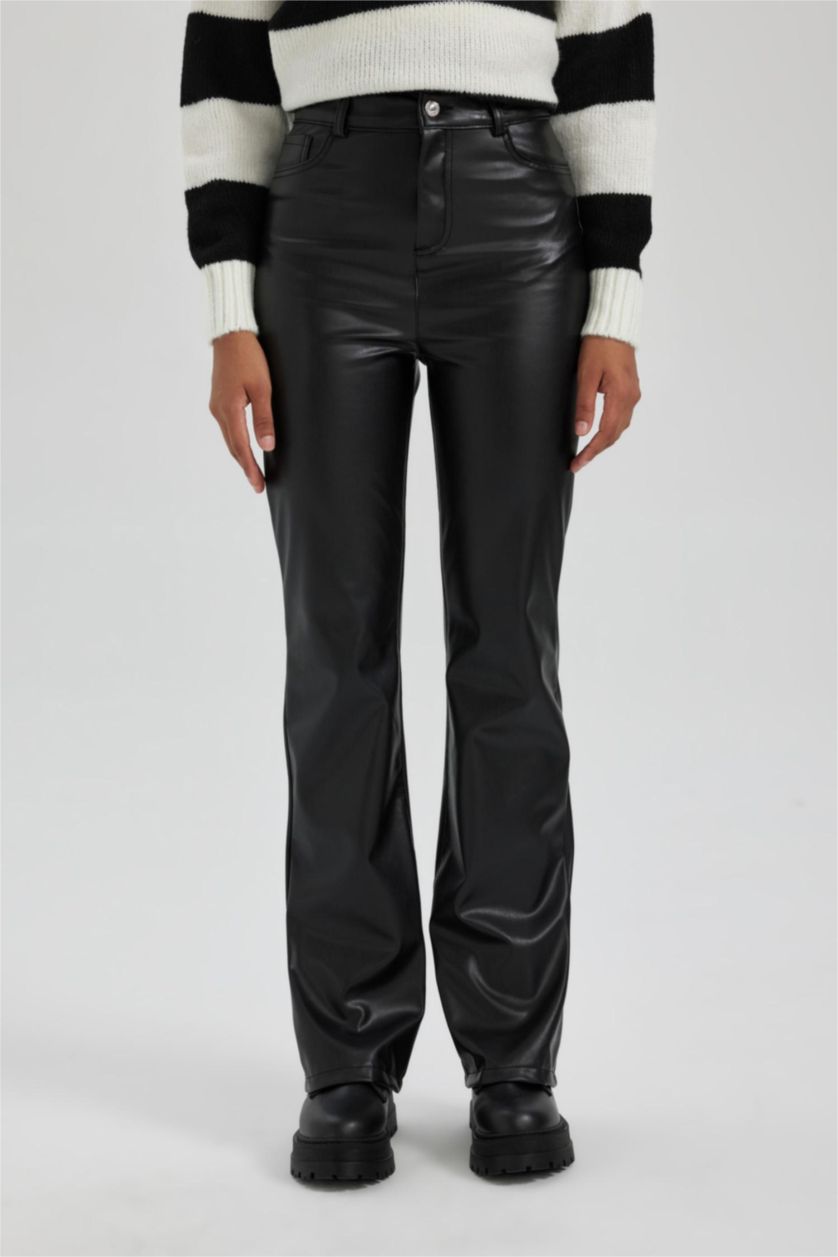 حريمي أسود بنطلون جلد صناعي برجل واسع بجيب