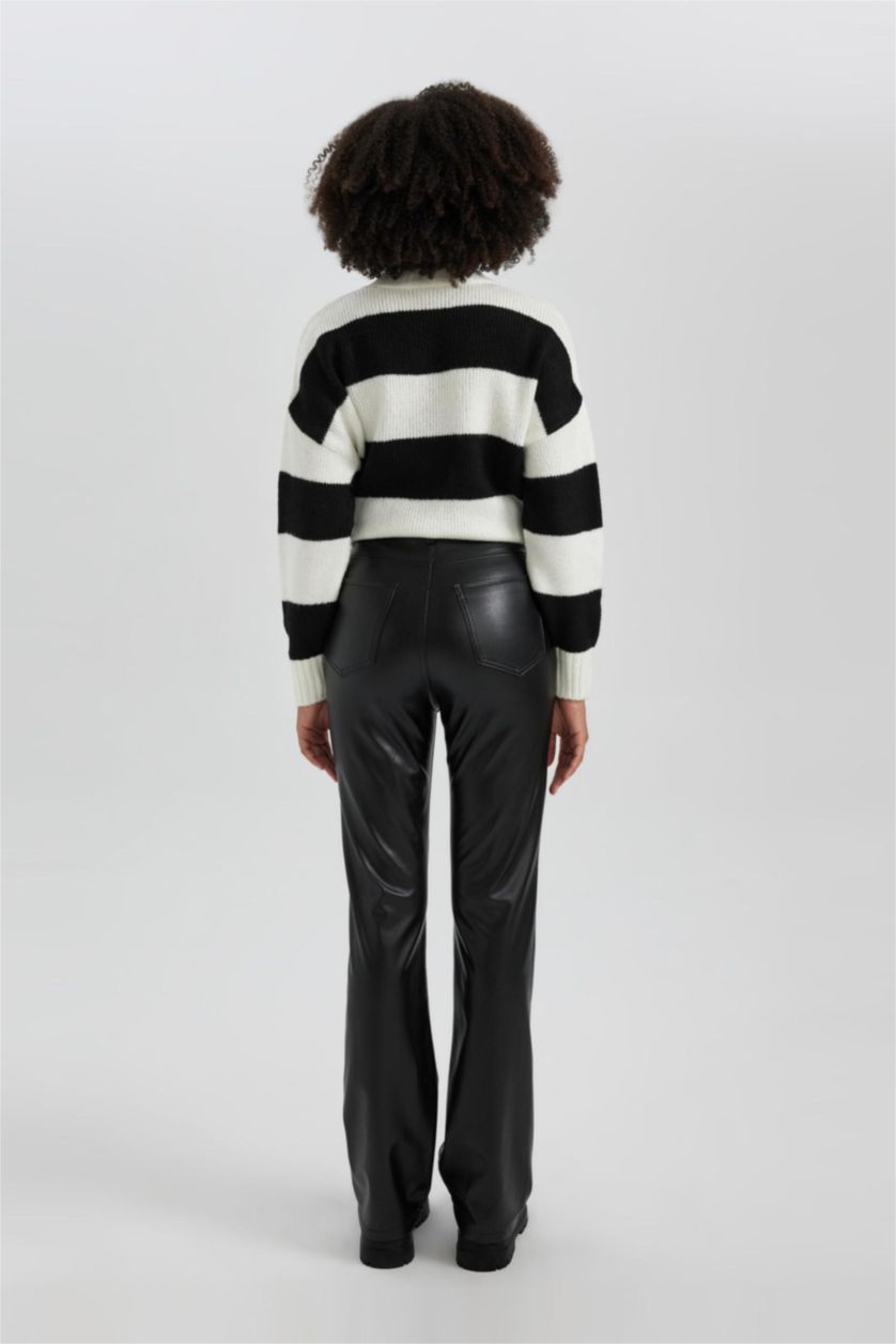 حريمي أسود بنطلون جلد صناعي برجل واسع بجيب