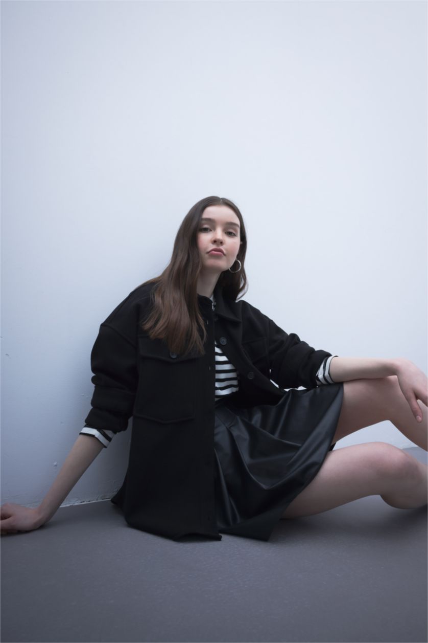 WOMAN Black Pleat Faux Leather Mini Knitted Skirt