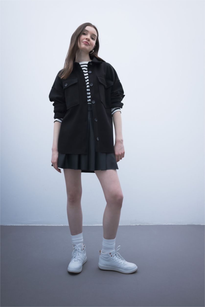 WOMAN Black Pleat Faux Leather Mini Knitted Skirt