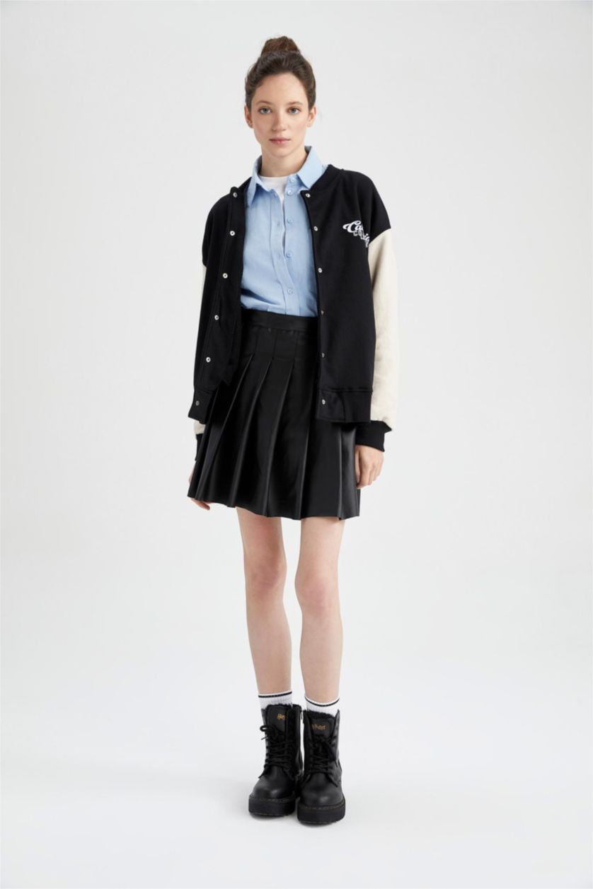 WOMAN Black Pleat Faux Leather Mini Knitted Skirt