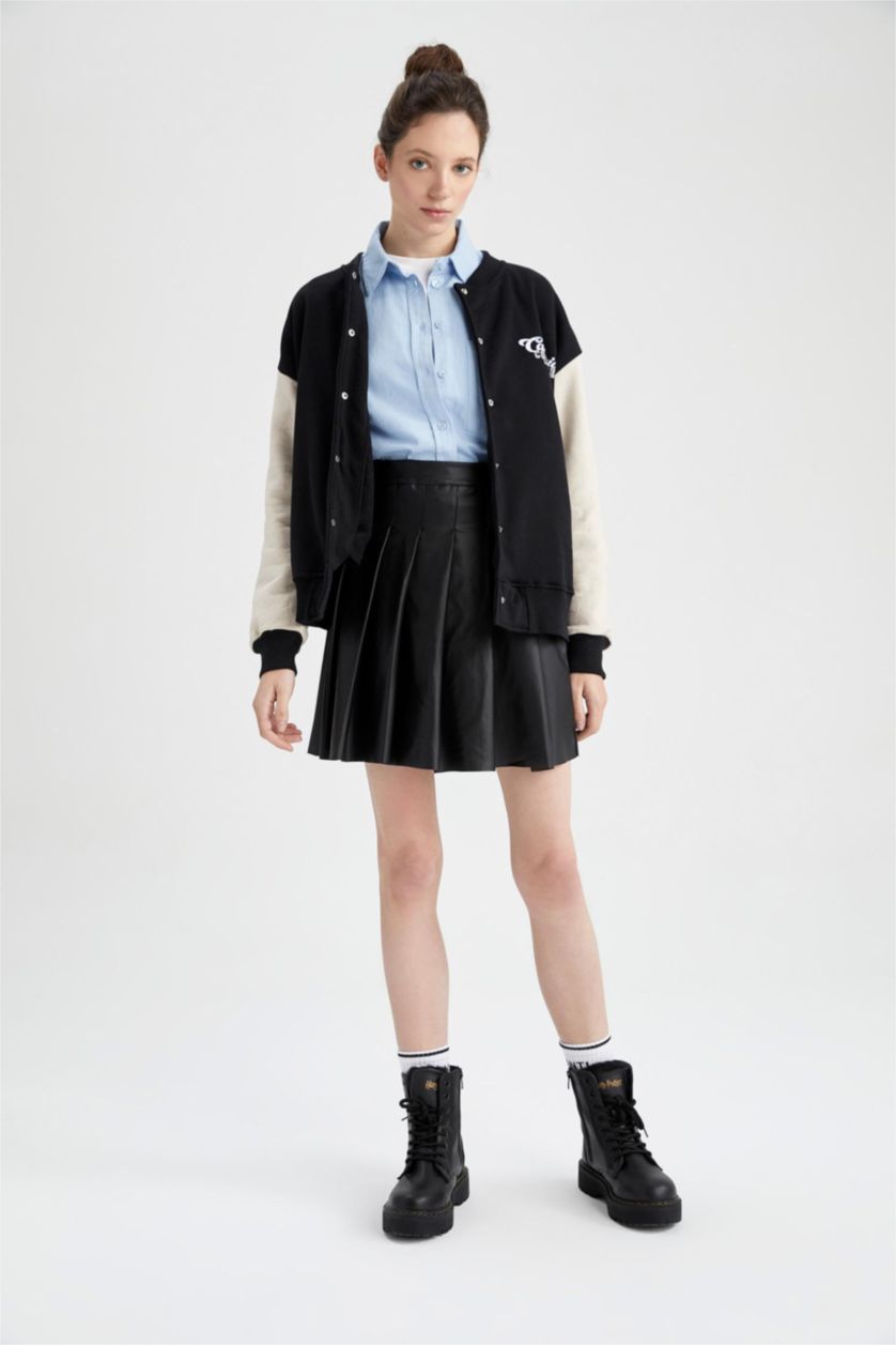 WOMAN Black Pleat Faux Leather Mini Knitted Skirt