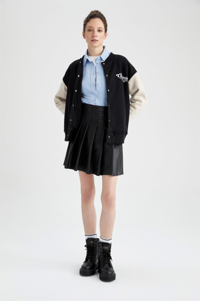 WOMAN Black Pleat Faux Leather Mini Knitted Skirt