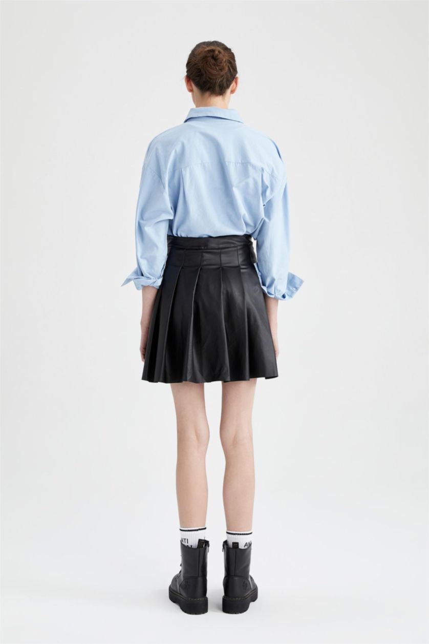 WOMAN Black Pleat Faux Leather Mini Knitted Skirt