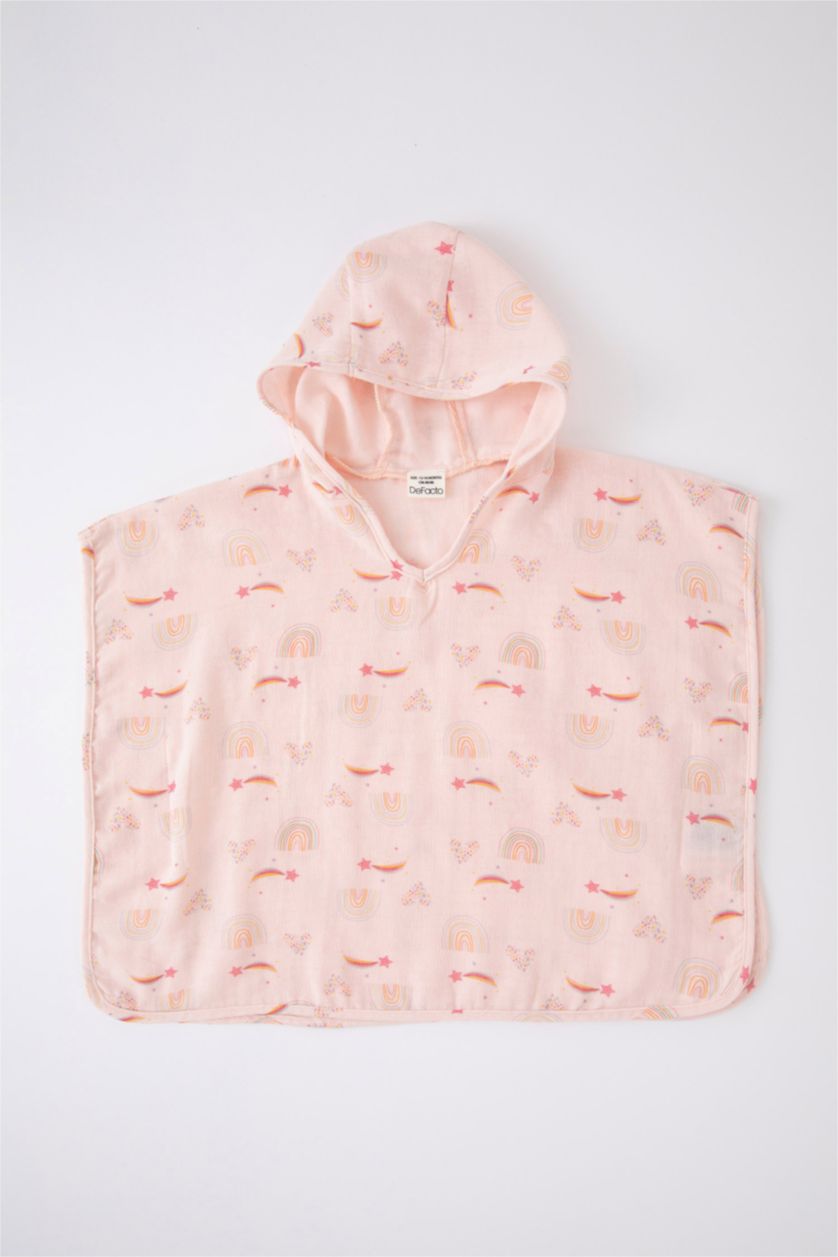 Kız Bebek Pembe Kız Bebek Desenli Kapüşonlu Müslin Panço Havlu