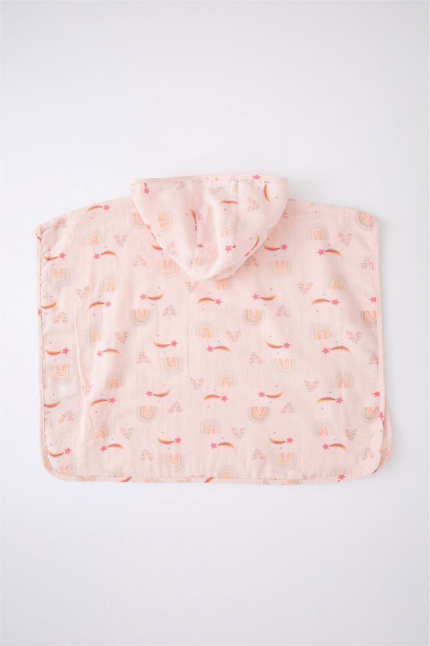 Kız Bebek Pembe Kız Bebek Desenli Kapüşonlu Müslin Panço Havlu