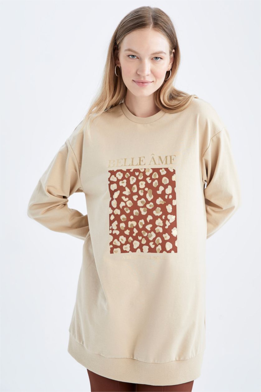 نساء بيج سويت تونيك قماش رقيق مطبوع قصة مريحة بياقة مستديرة