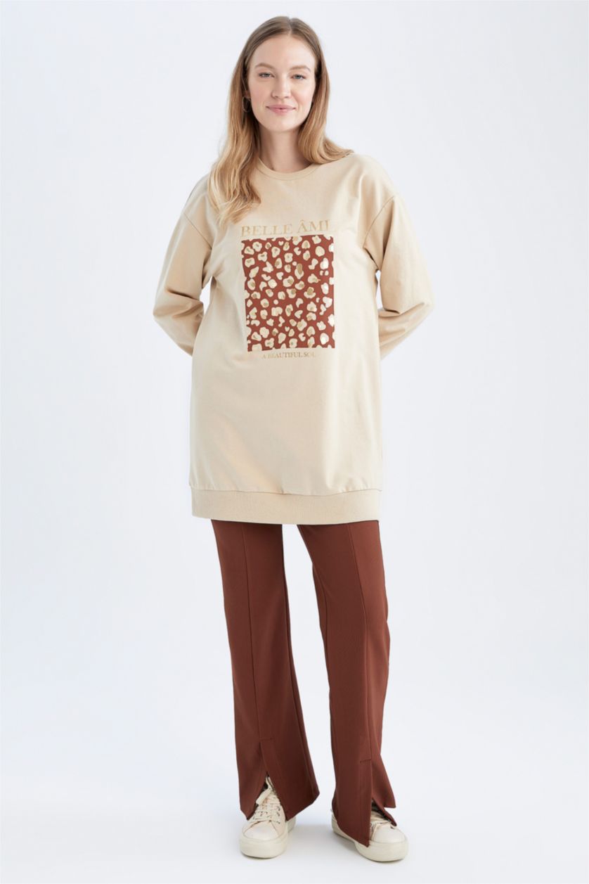 نساء بيج سويت تونيك قماش رقيق مطبوع قصة مريحة بياقة مستديرة