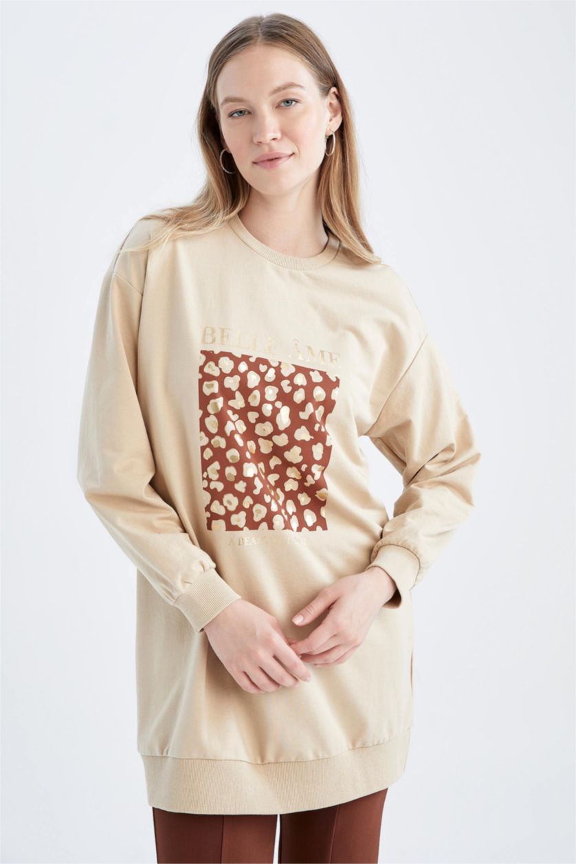 نساء بيج سويت تونيك قماش رقيق مطبوع قصة مريحة بياقة مستديرة