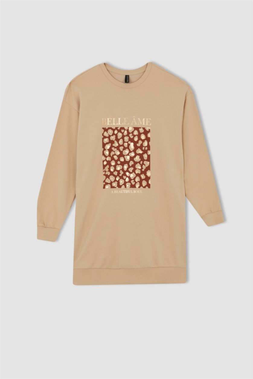 نساء بيج سويت تونيك قماش رقيق مطبوع قصة مريحة بياقة مستديرة