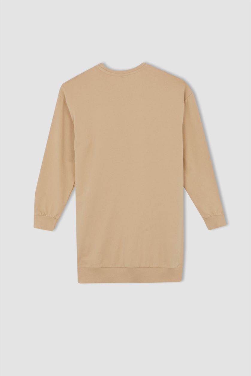 نساء بيج سويت تونيك قماش رقيق مطبوع قصة مريحة بياقة مستديرة