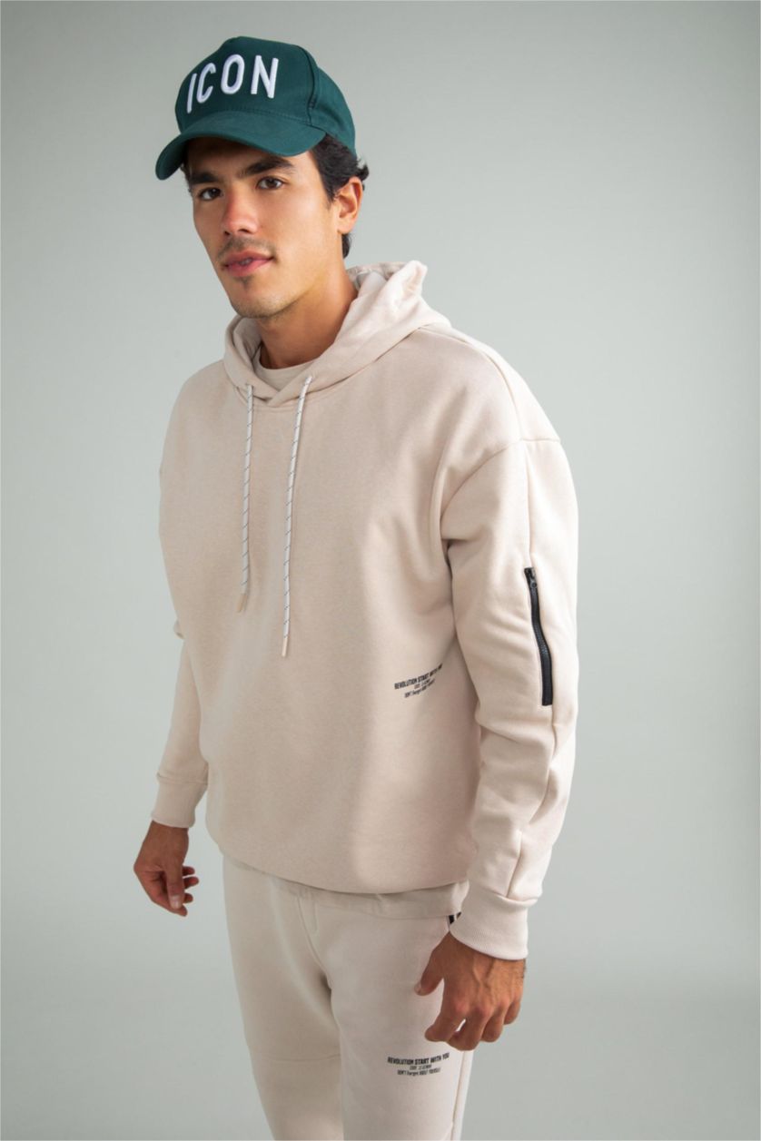 HOMME Beige Sweat- Shirt Coupe Oversize À capuche Imprimé Manche Longue Fermeture Zip