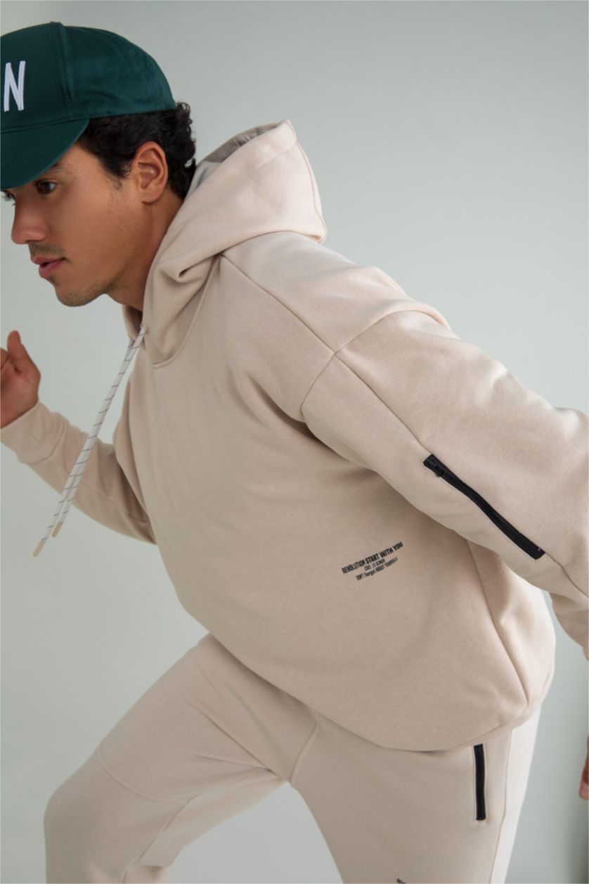 HOMME Beige Sweat- Shirt Coupe Oversize À capuche Imprimé Manche Longue Fermeture Zip