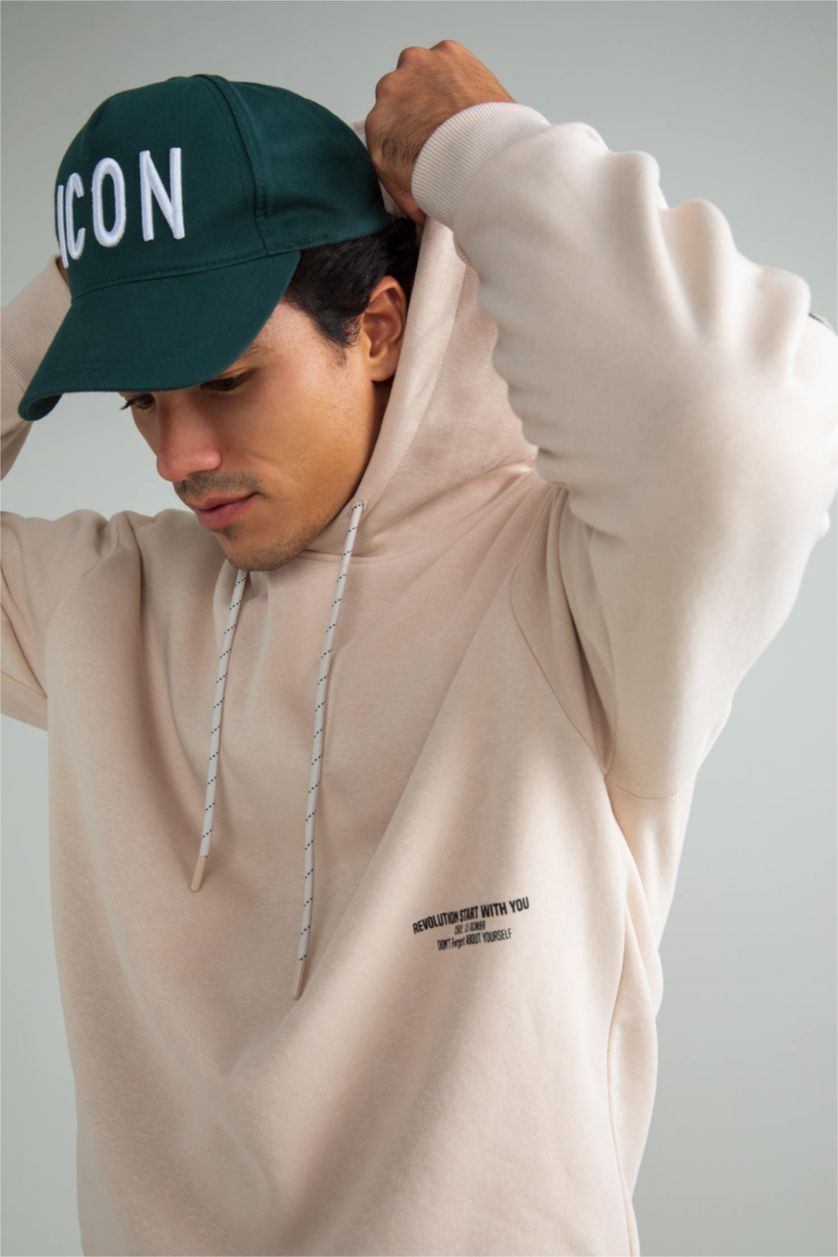 HOMME Beige Sweat- Shirt Coupe Oversize À capuche Imprimé Manche Longue Fermeture Zip