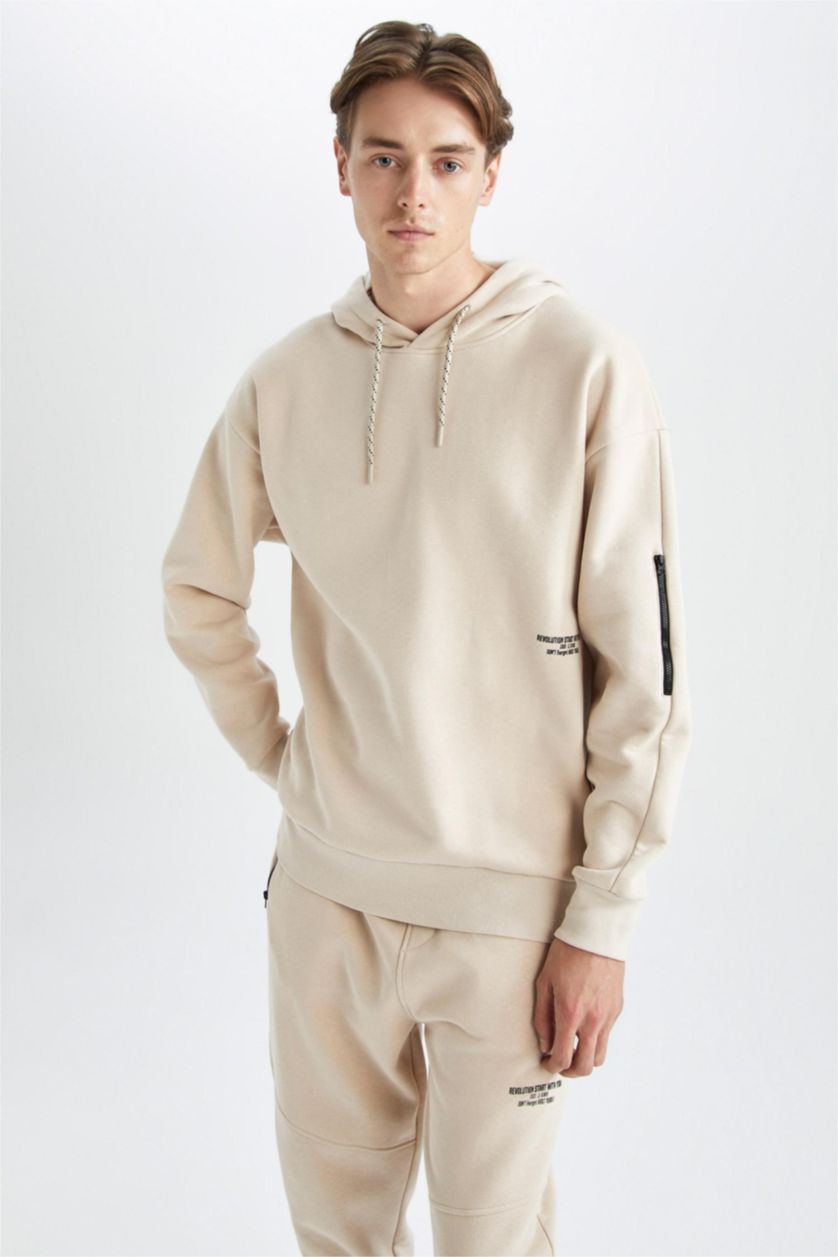 HOMME Beige Sweat- Shirt Coupe Oversize À capuche Imprimé Manche Longue Fermeture Zip