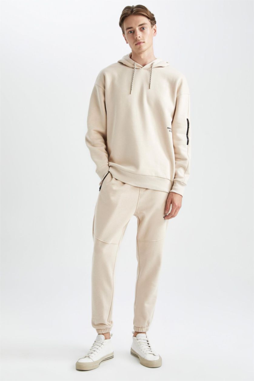 HOMME Beige Sweat- Shirt Coupe Oversize À capuche Imprimé Manche Longue Fermeture Zip