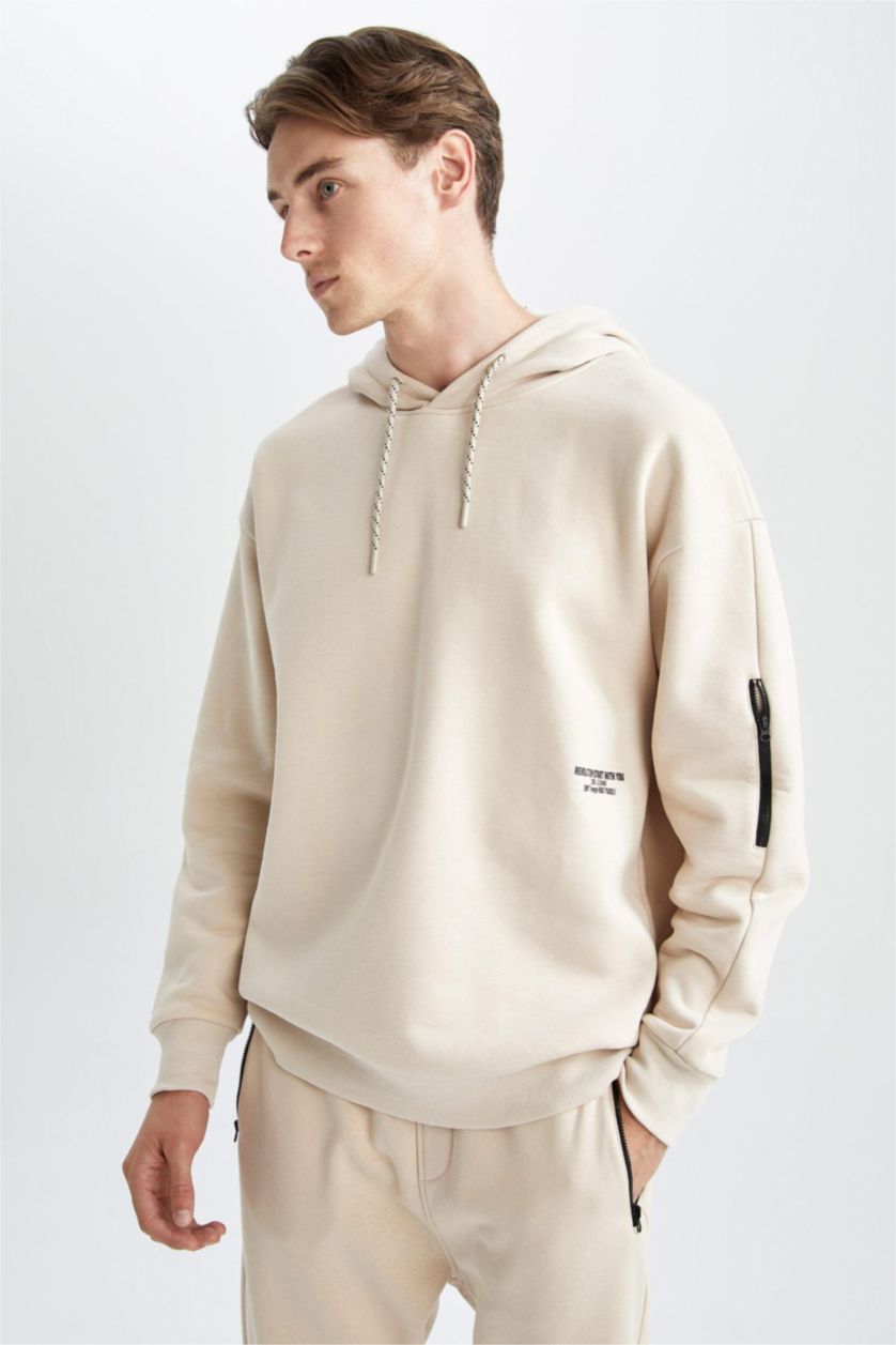 HOMME Beige Sweat- Shirt Coupe Oversize À capuche Imprimé Manche Longue Fermeture Zip