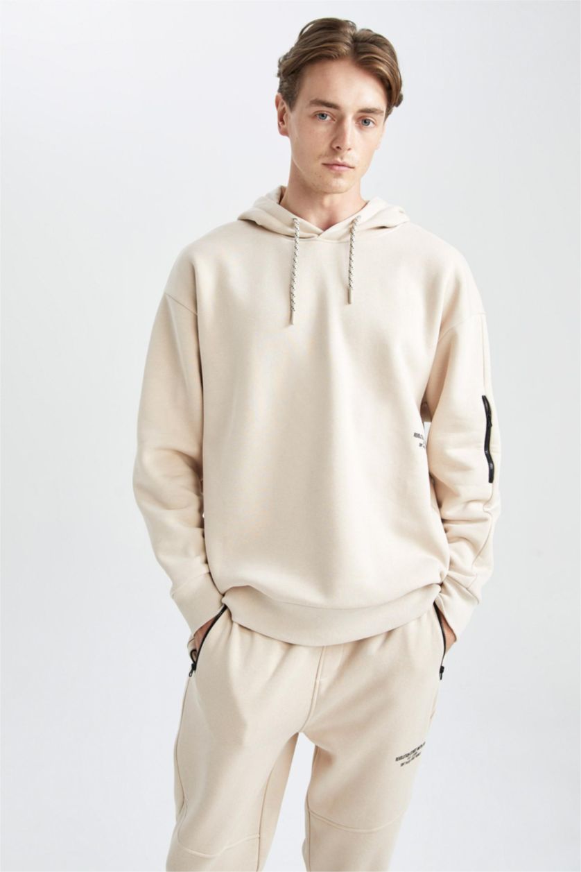 HOMME Beige Sweat- Shirt Coupe Oversize À capuche Imprimé Manche Longue Fermeture Zip