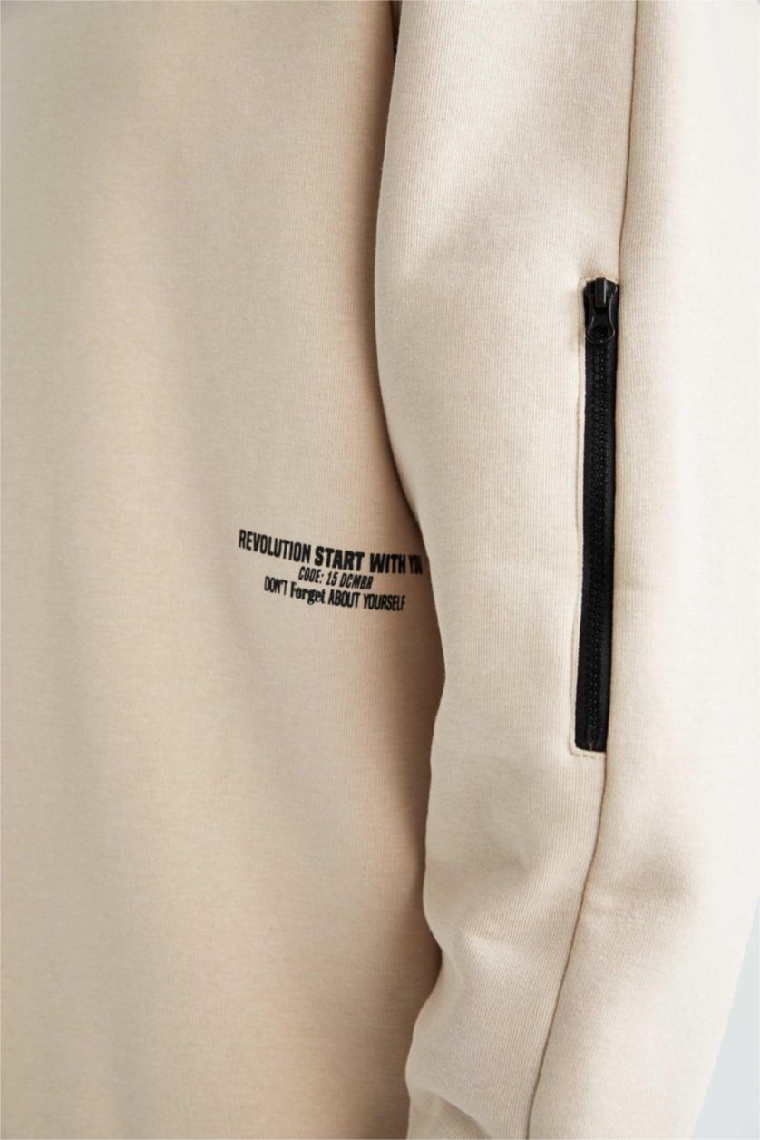 HOMME Beige Sweat- Shirt Coupe Oversize À capuche Imprimé Manche Longue Fermeture Zip