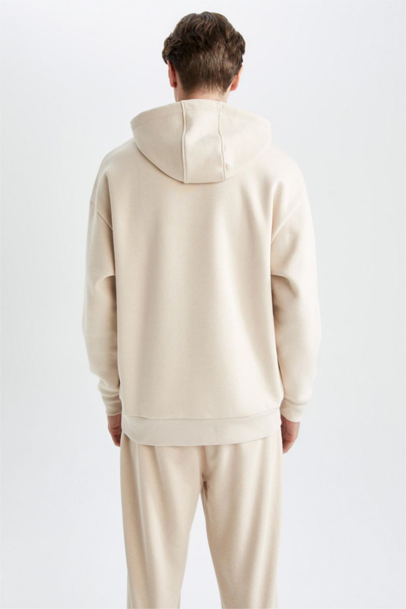 HOMME Beige Sweat- Shirt Coupe Oversize À capuche Imprimé Manche Longue Fermeture Zip