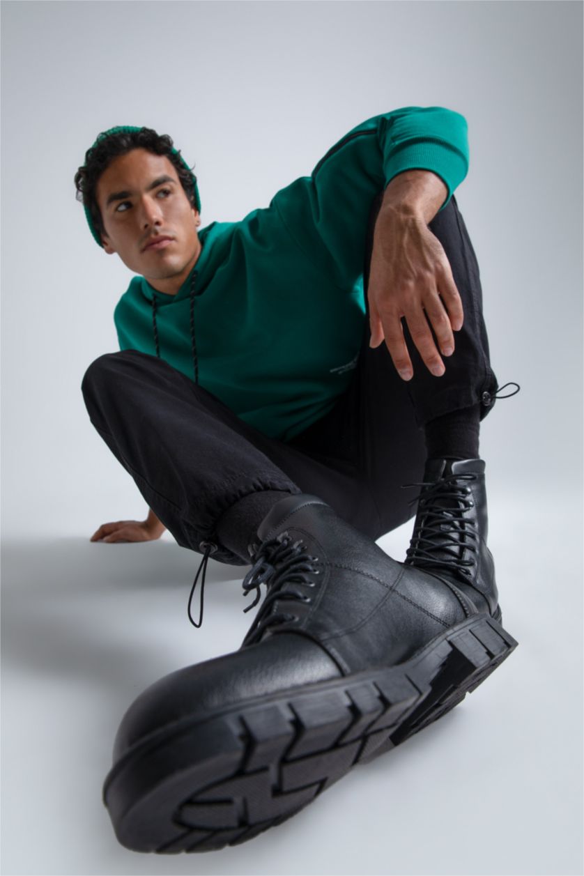 Erkek Siyah Erkek Bağcıklı Yüksek Taban Kışlık Suni Deri Bot