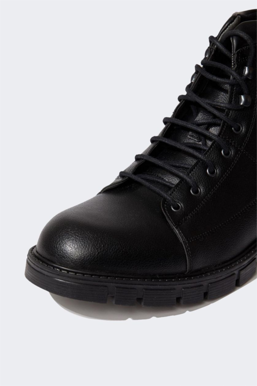 Erkek Siyah Erkek Bağcıklı Yüksek Taban Kışlık Suni Deri Bot