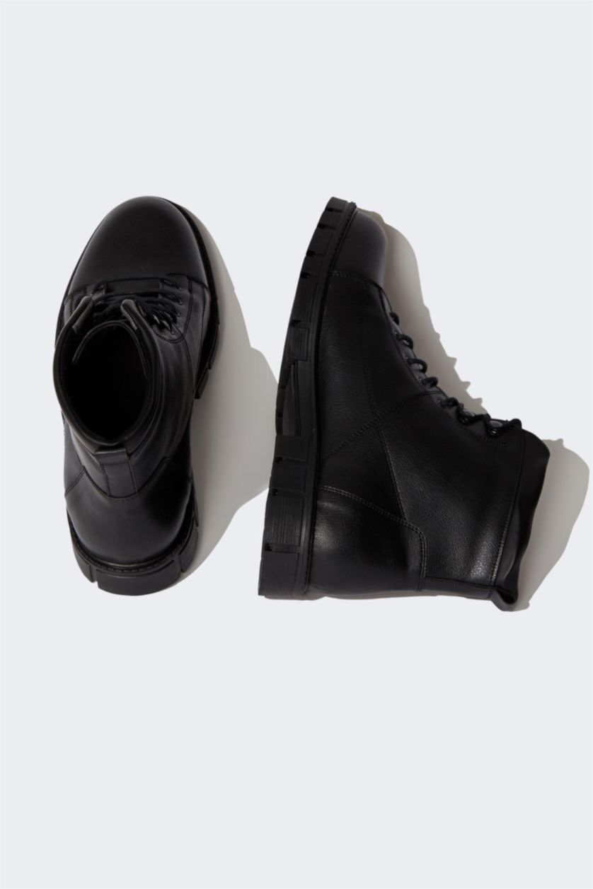 Erkek Siyah Erkek Bağcıklı Yüksek Taban Kışlık Suni Deri Bot