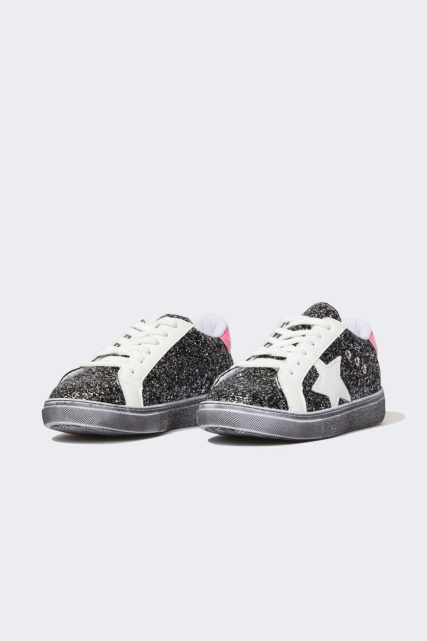 Kadın Gri Kadın Bağcıklı Suni Deri Simli Sneaker Spor Ayakkabı