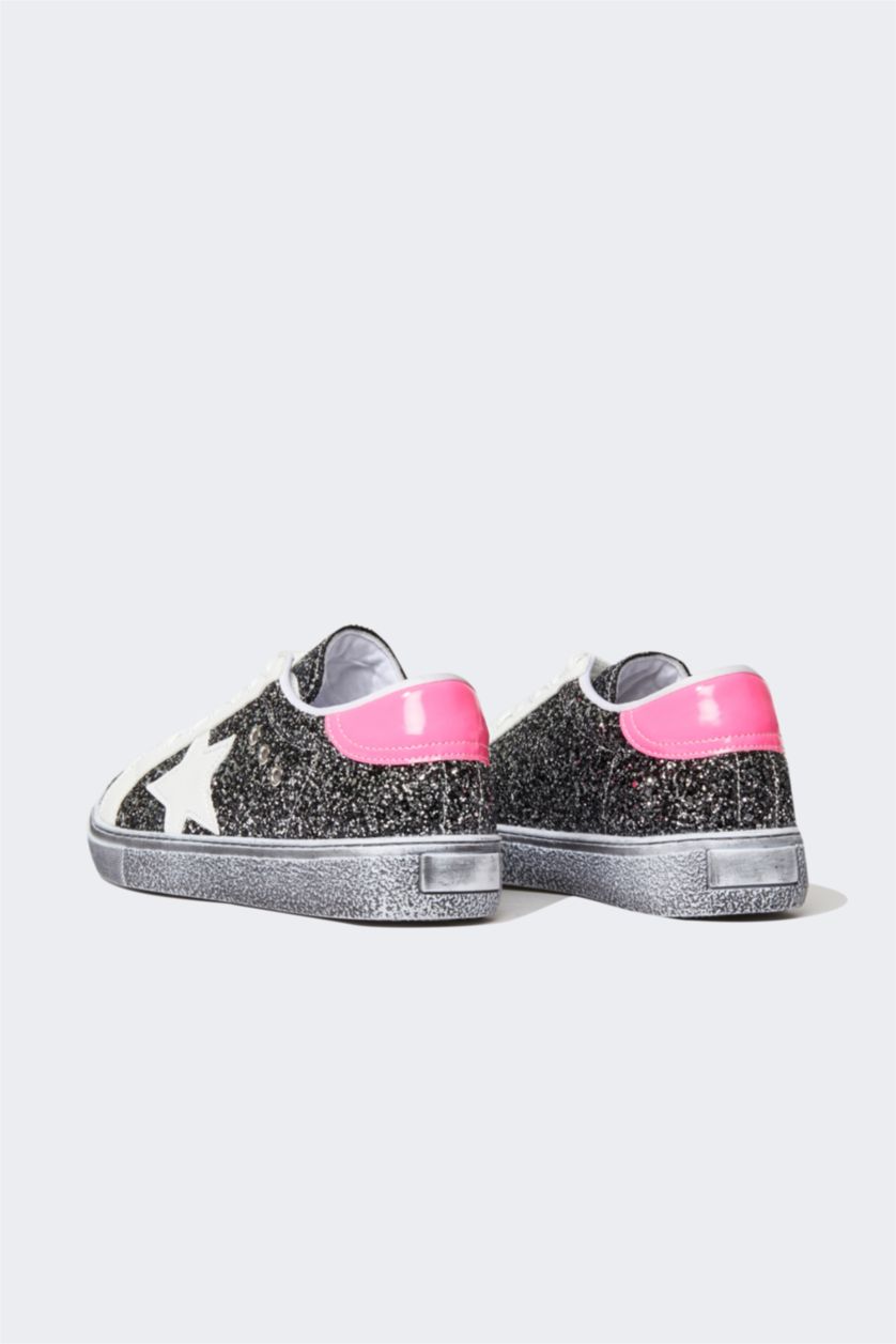 Kadın Gri Kadın Bağcıklı Suni Deri Simli Sneaker Spor Ayakkabı